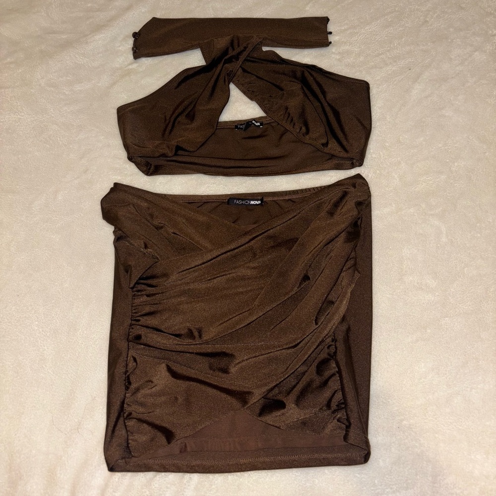 Fashion Nova 2 Piece Brown Halter Top & Skirt